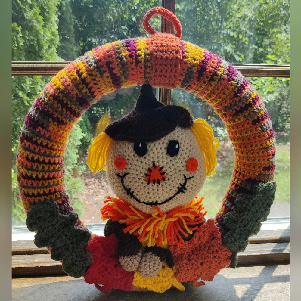 Handmade Fall Colorful Crochet Scarecrow Wreath - 14 inches